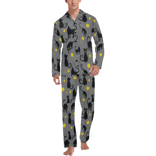 Black Cat Yellow Yarn Print Pattern Men's Long Pajama Set