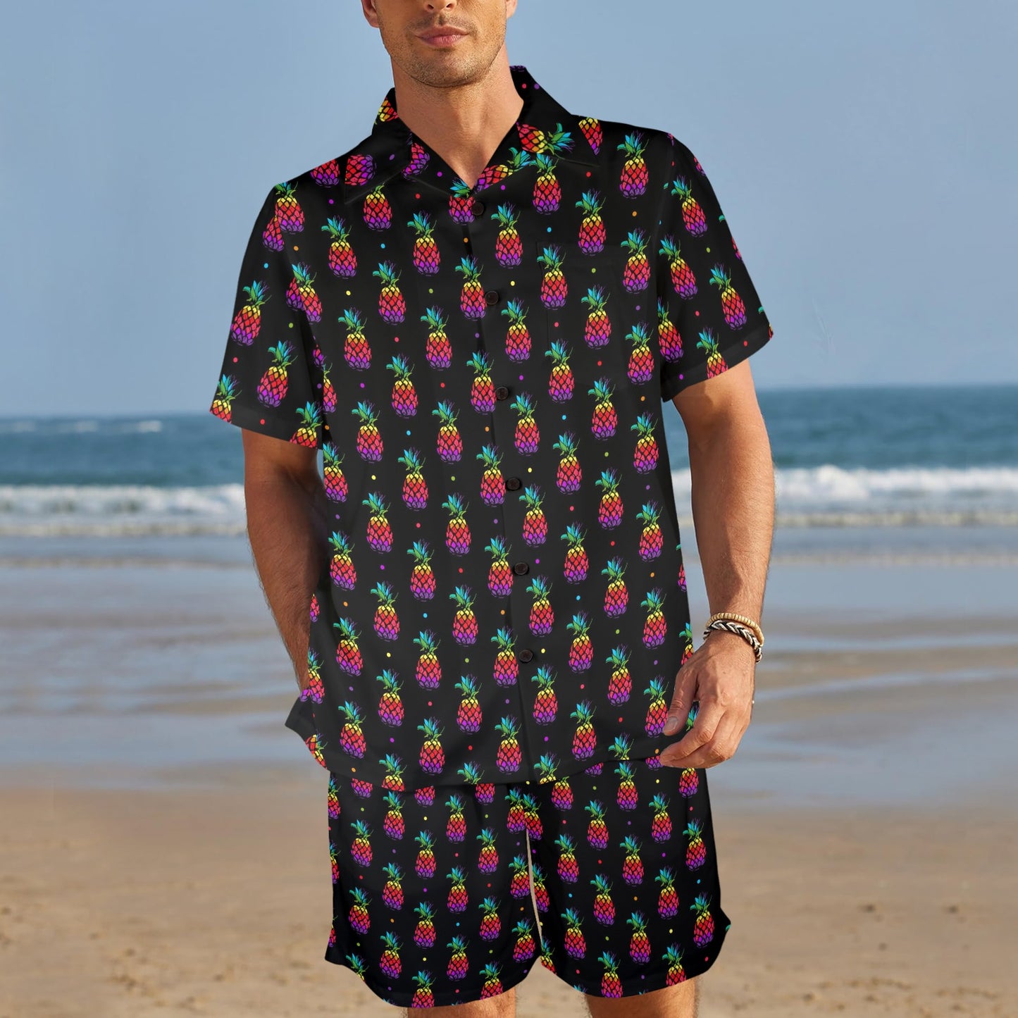 Pineapple Rainbow Dot Print Men's Beach Shirt and Shorts Set
