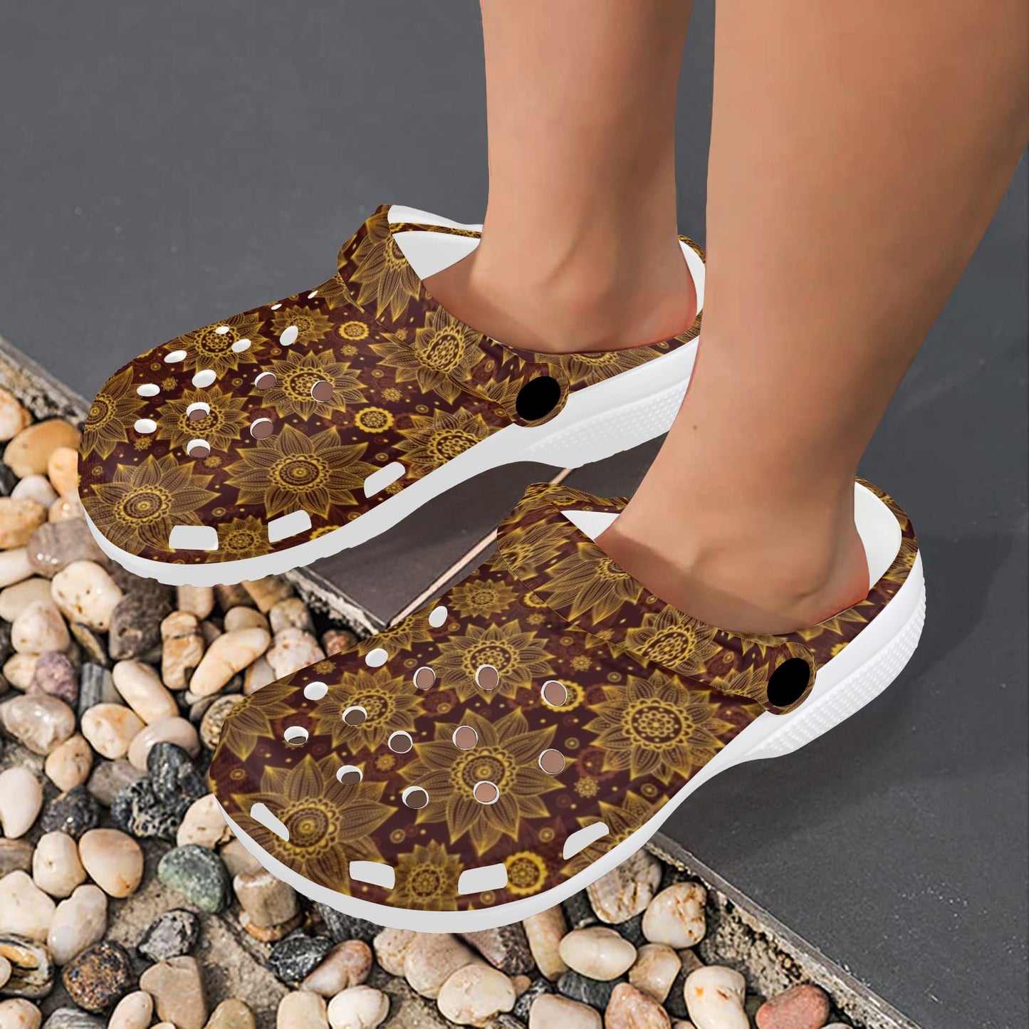 Gold Sunflower Hand Drawn Print Unisex Clogs Shoes