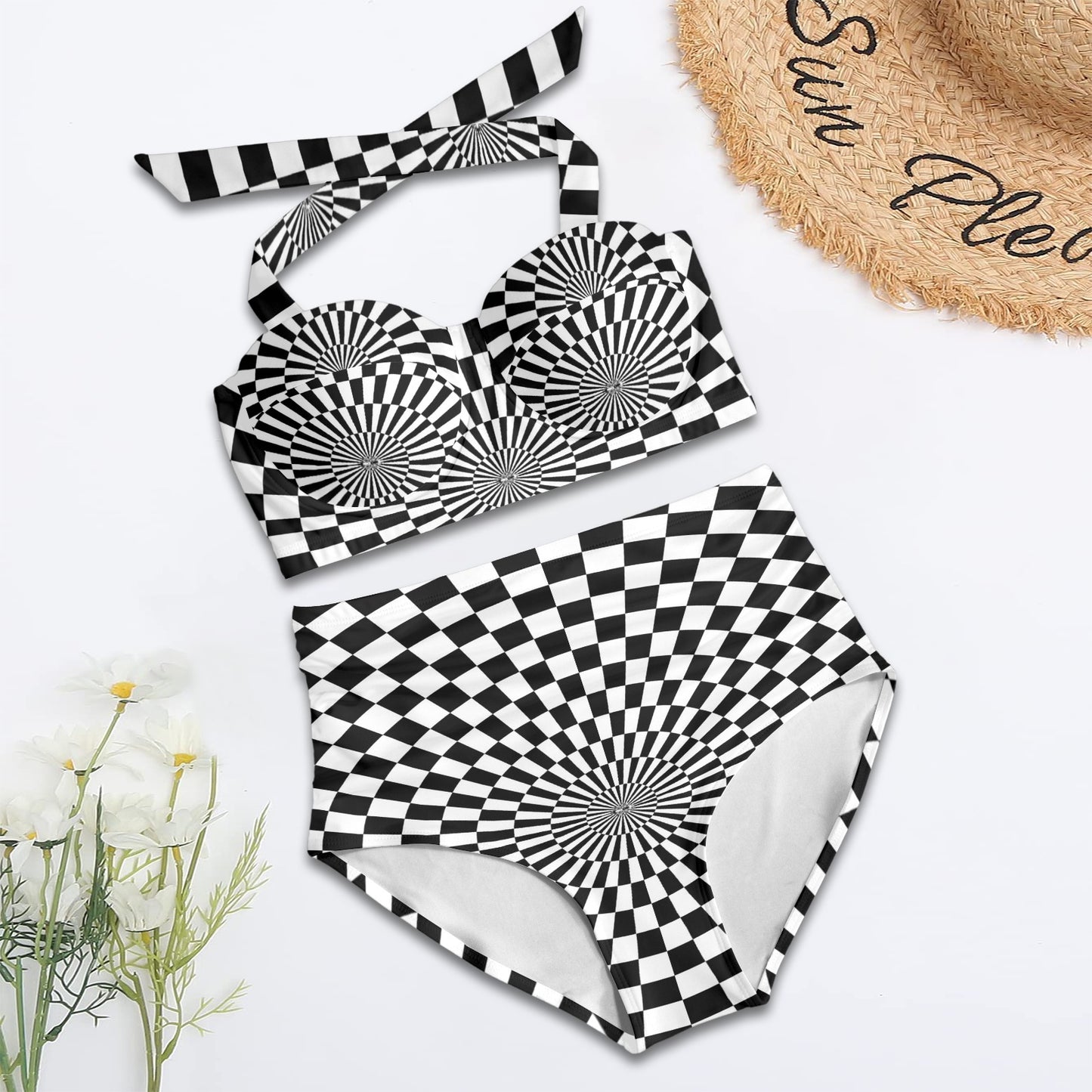 Checkered Flag Optical illusion Halter Neck Bikini Swimsuit