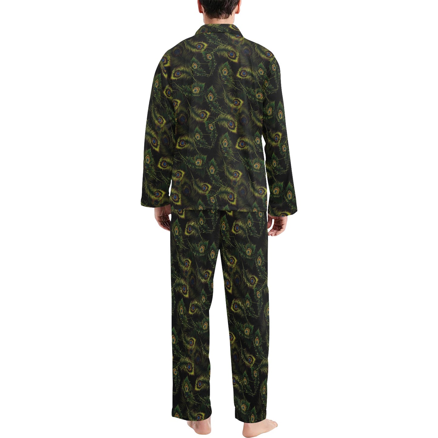 Peacock Feather Pattern Design Print Men's Long Pajama Set