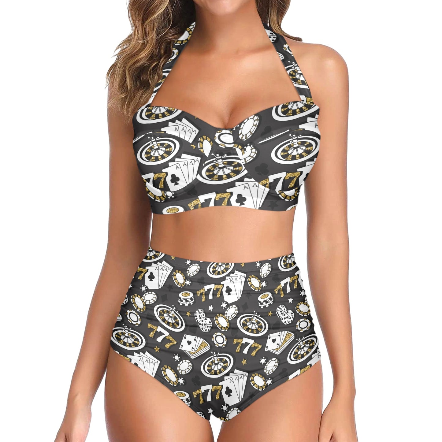 Casino Pattern Print Design 05 Halter Neck Bikini Swimsuit