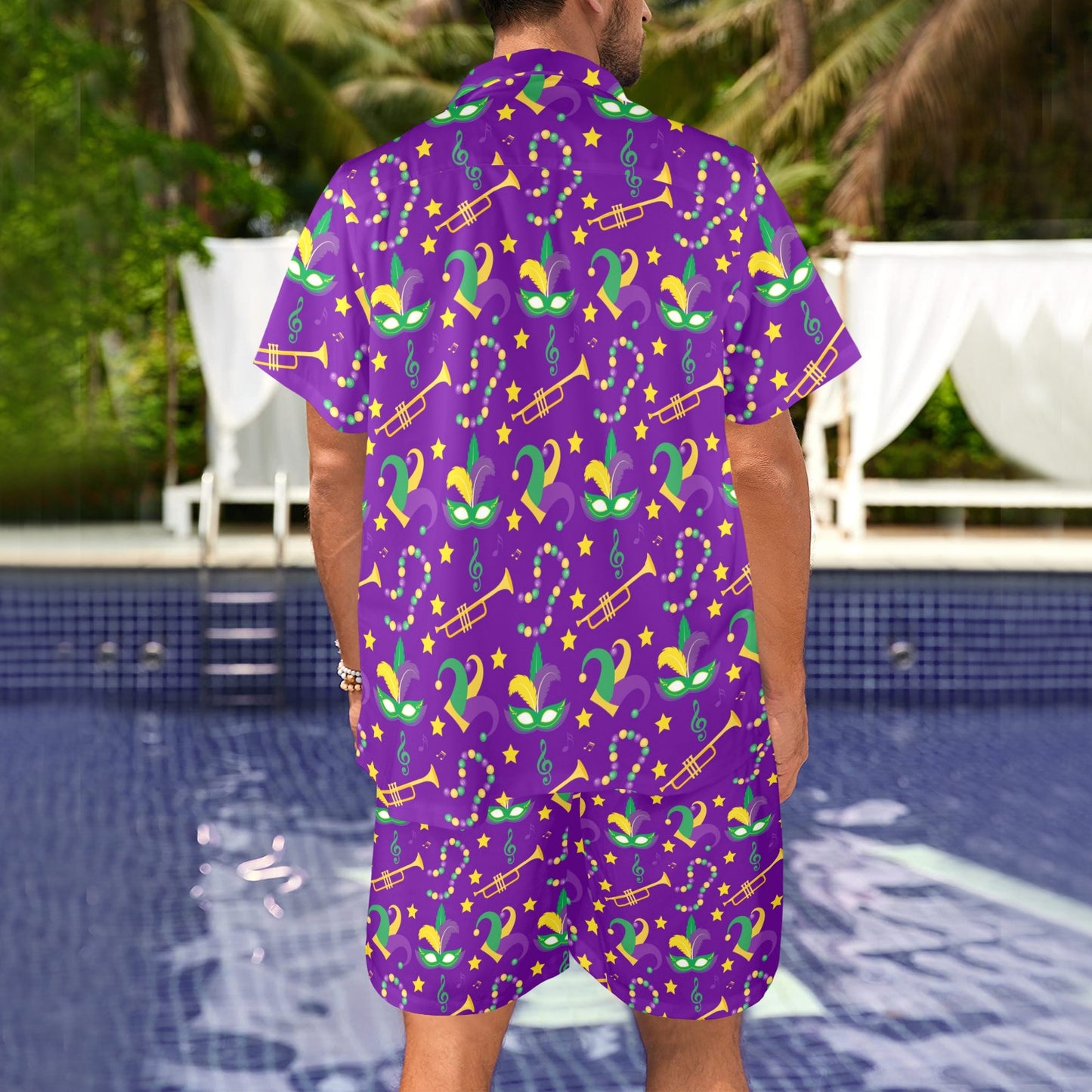 Mardi Gras Pattern Print Design 06 Men's Beach Shirt and Shorts Set