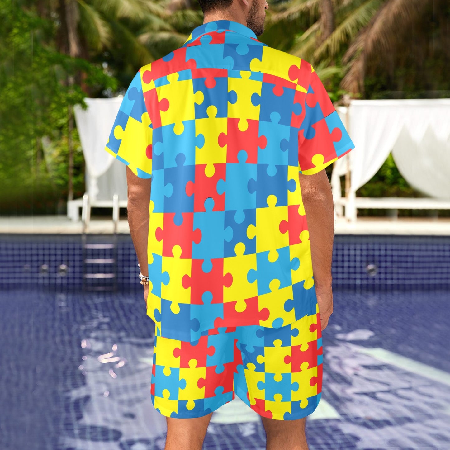 Autism Awareness Puzzles Design Print Men's Beach Shirt and Shorts Set