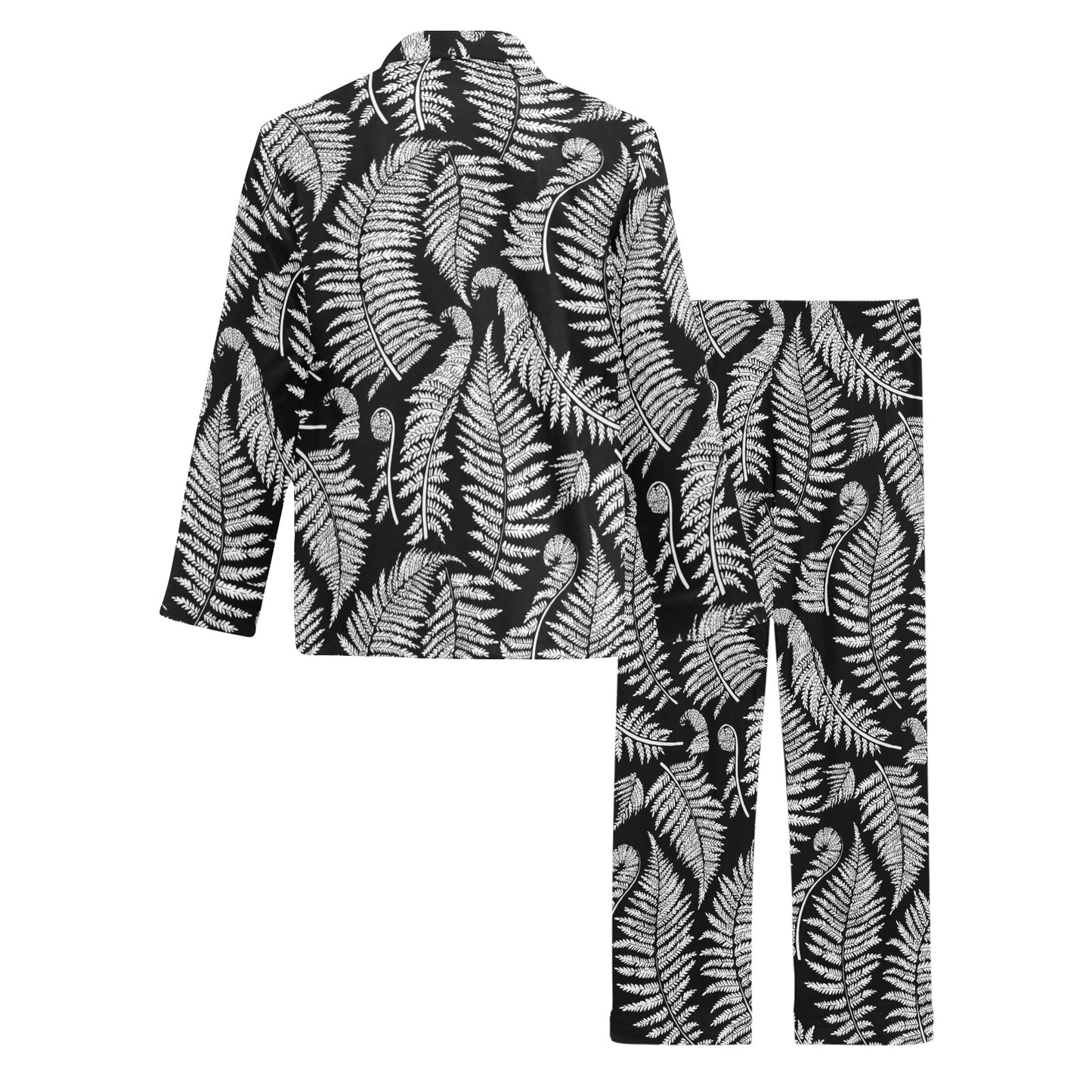 Fern Leave Black White Print Pattern Men's Long Pajama Set