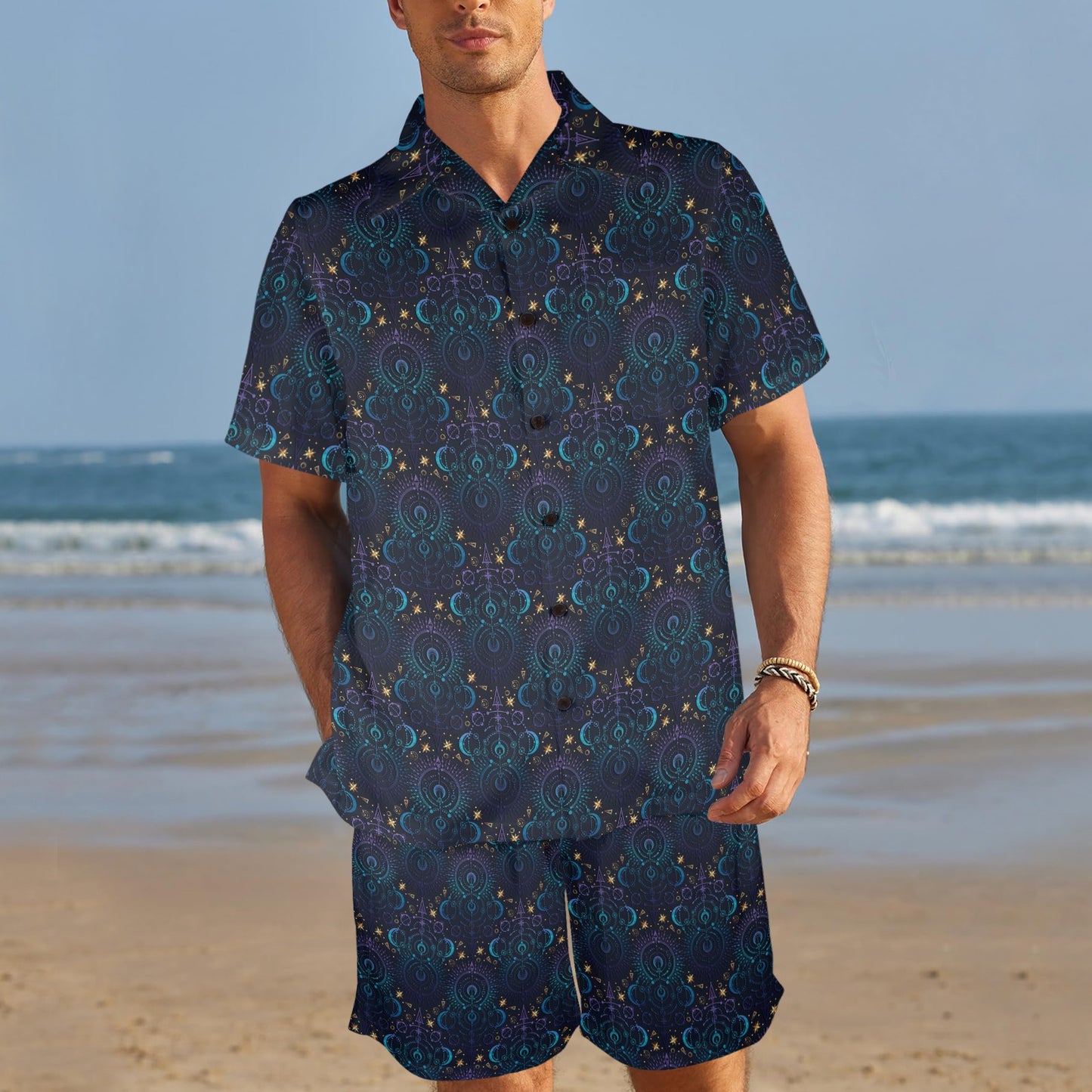 Celestial Pattern Print Design 06 Men's Beach Shirt and Shorts Set
