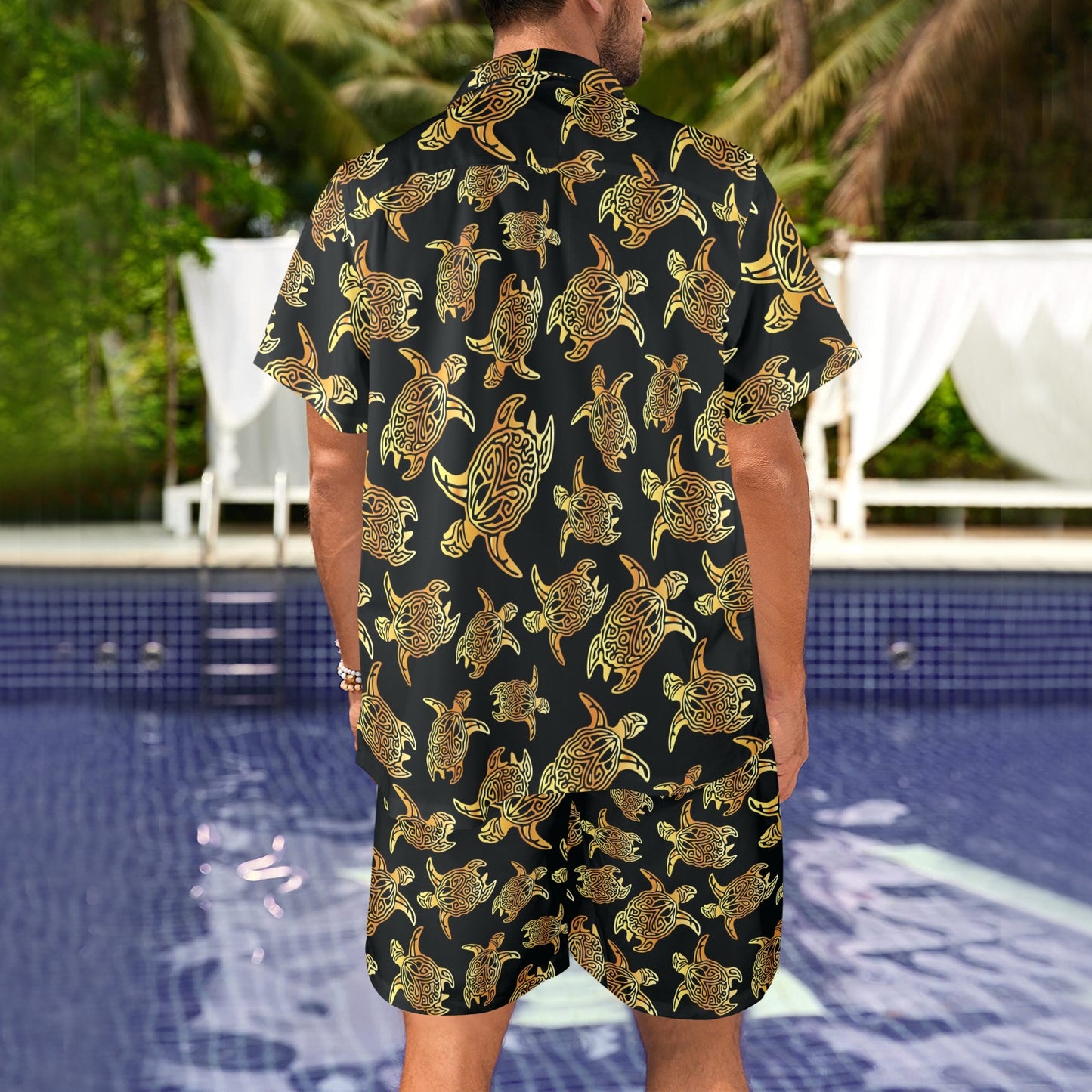 Gold Tribal Turtle Polynesian Themed Men's Beach Shirt and Shorts Set