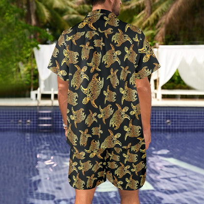 Gold Tribal Turtle Polynesian Themed Men's Beach Shirt and Shorts Set