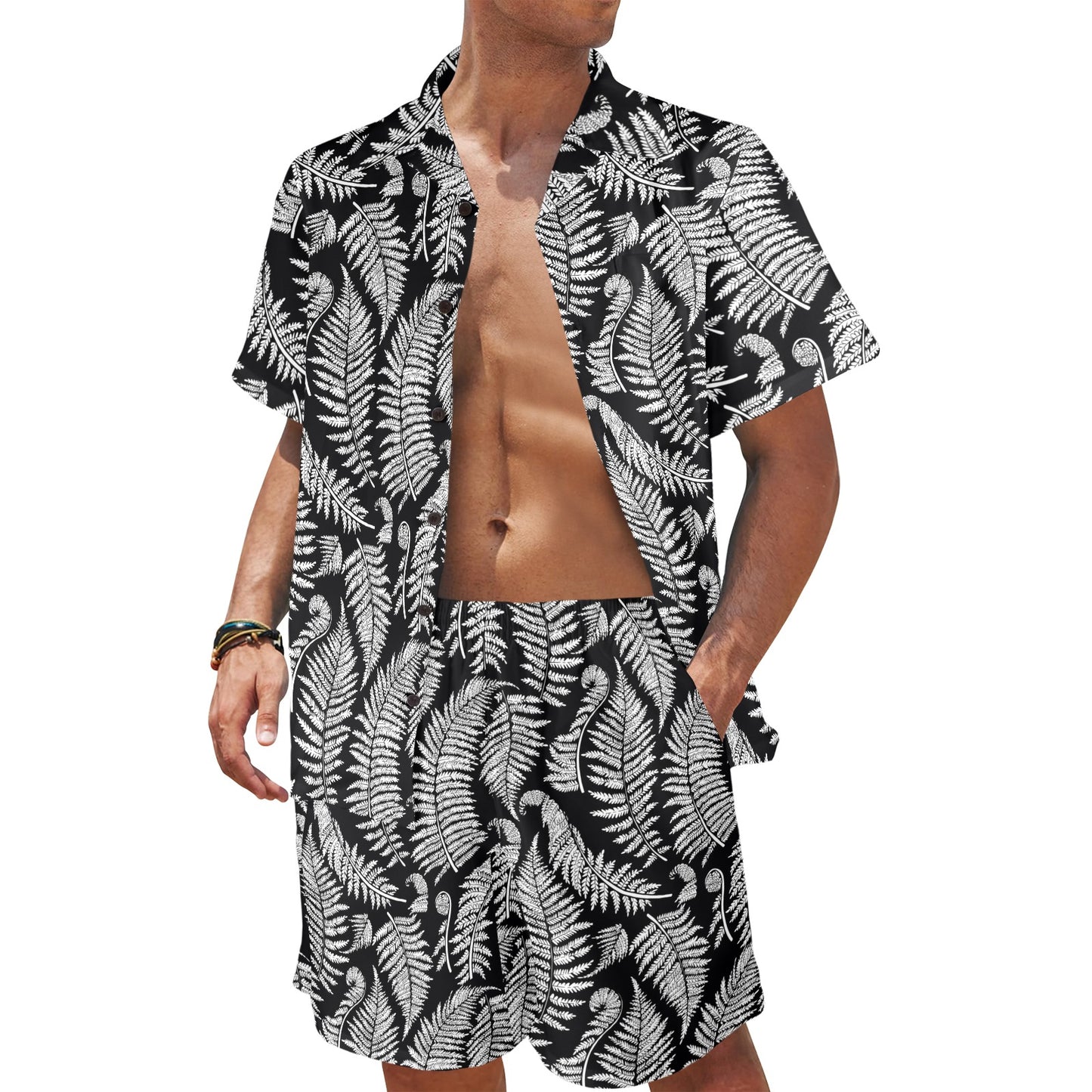 Fern Leave Black White Print Pattern Men's Beach Shirt and Shorts Set