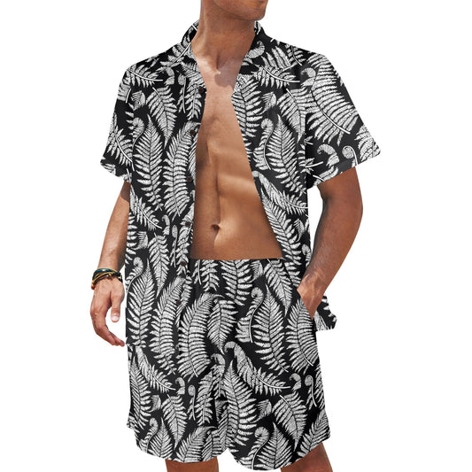 Fern Leave Black White Print Pattern Men's Beach Shirt and Shorts Set