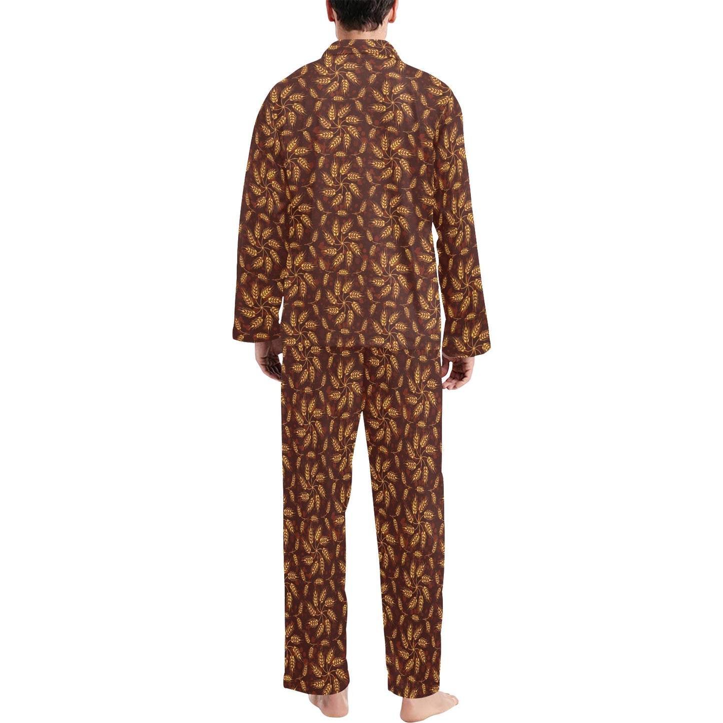 Agricultural Brown Wheat Print Pattern Men's Long Pajama Set