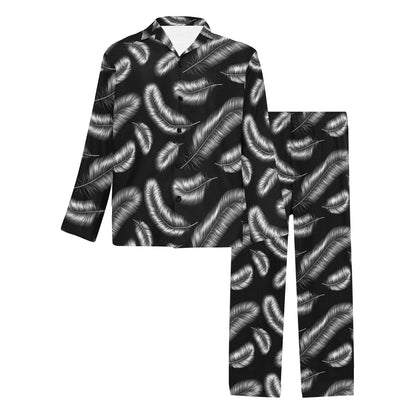 Feather Black White Design Print Men's Long Pajama Set