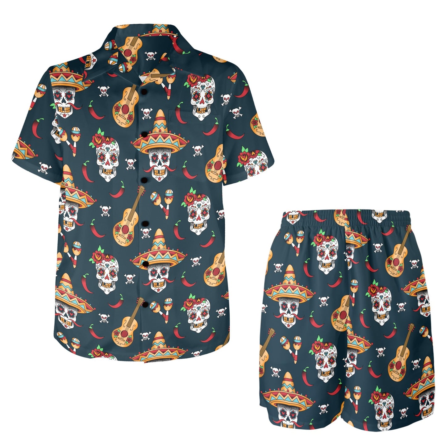 sugar skull Mexican Men's Beach Shirt and Shorts Set