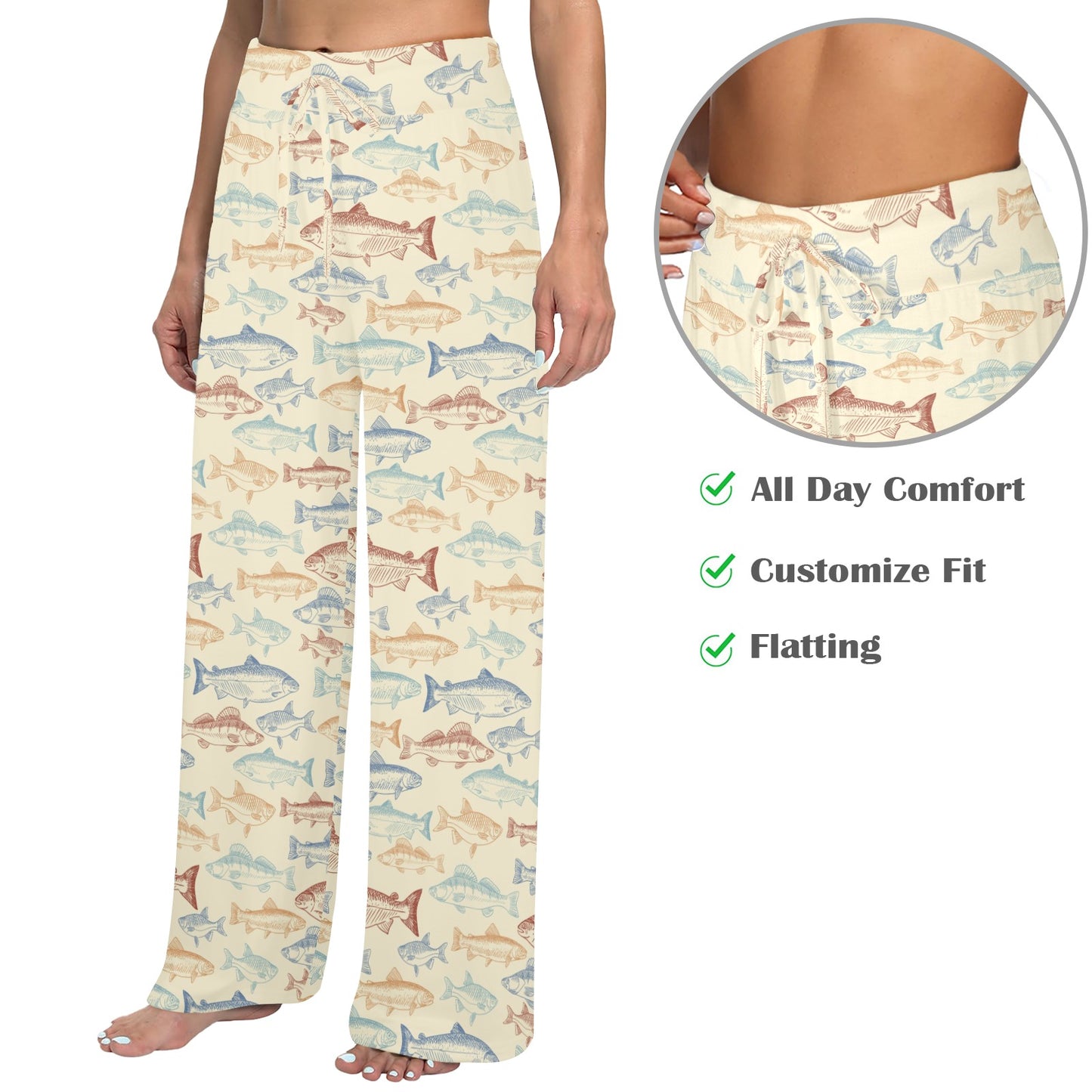 Salmon Fish Print Design LKS302 Women's Wide Leg Lounge Pants