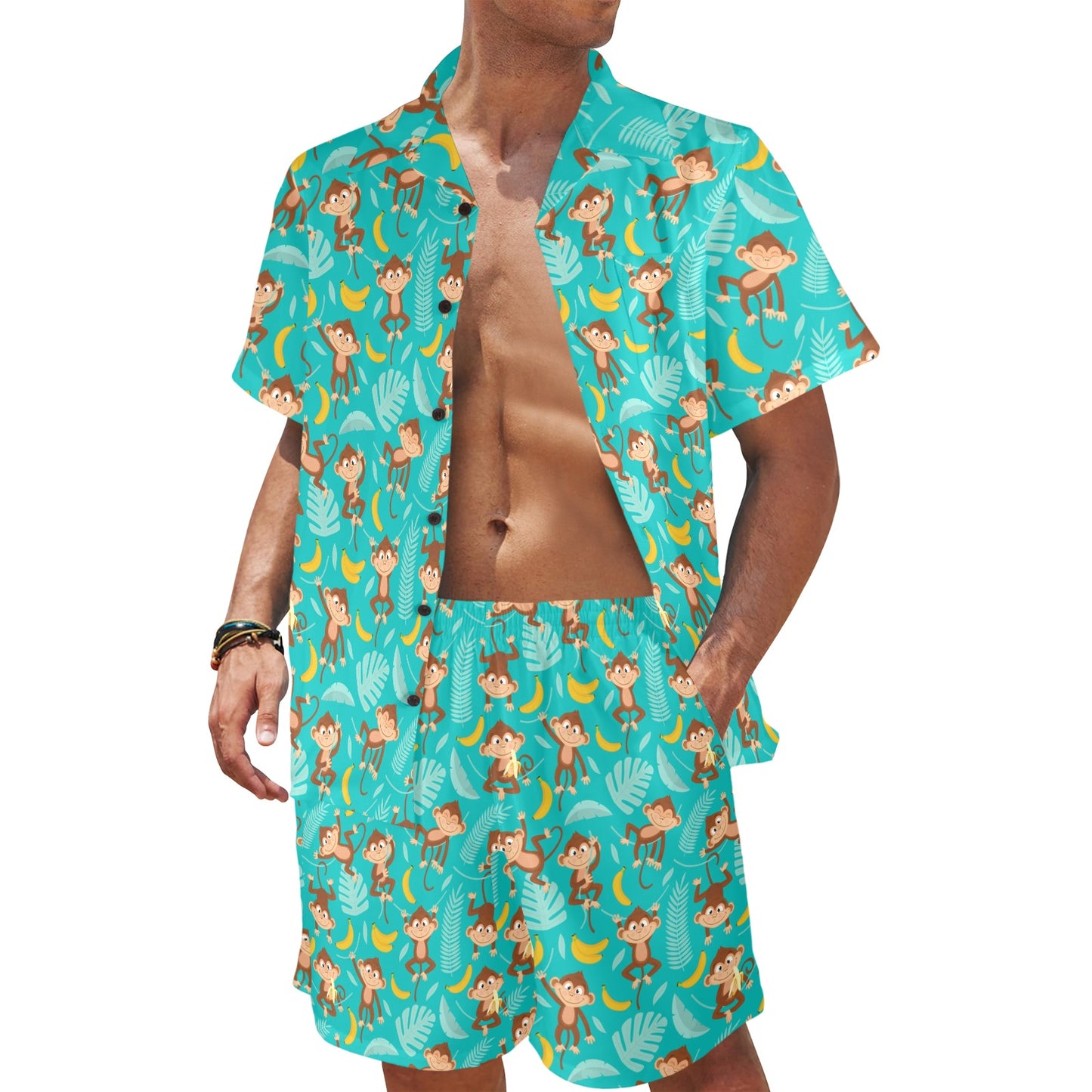 Monkey Happy Design Themed Print Men's Beach Shirt and Shorts Set