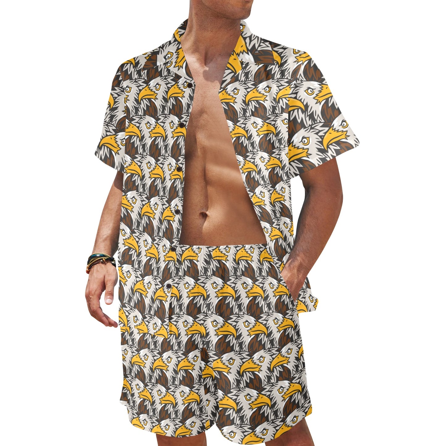 Eagles Head Pattern Men's Beach Shirt and Shorts Set