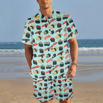 Sushi Pattern Design Men's Beach Shirt and Shorts Set