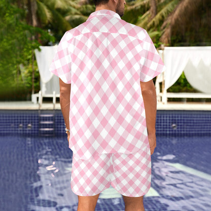 Gingham Pink Pattern Print Design 02 Men's Beach Shirt and Shorts Set