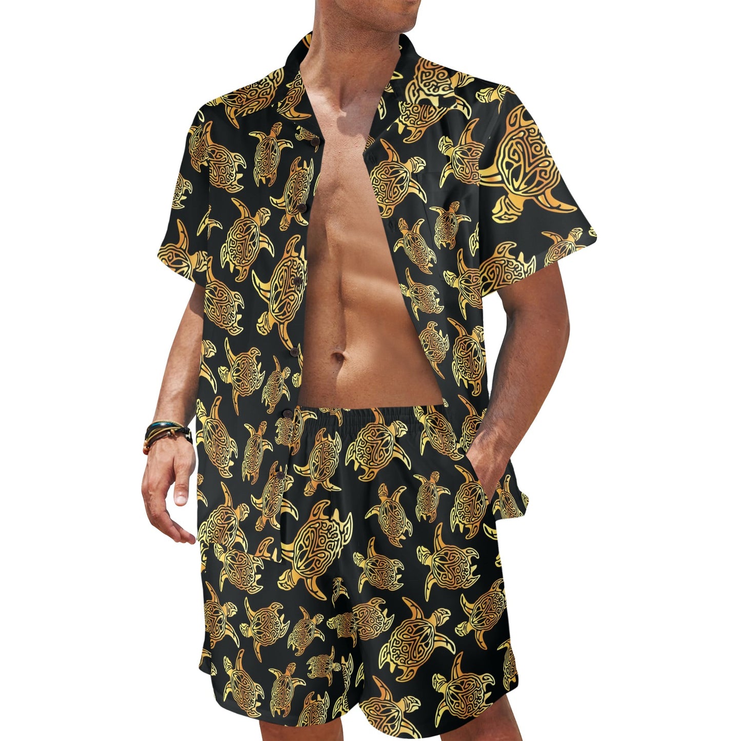 Gold Tribal Turtle Polynesian Themed Men's Beach Shirt and Shorts Set