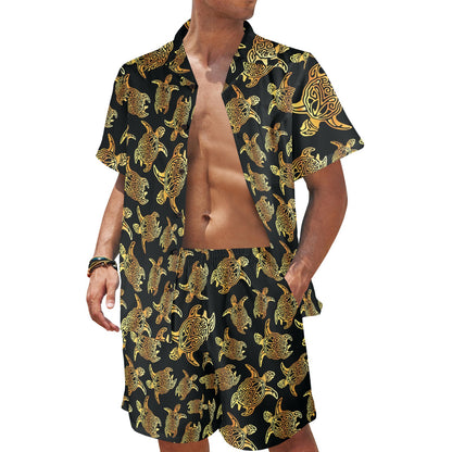 Gold Tribal Turtle Polynesian Themed Men's Beach Shirt and Shorts Set