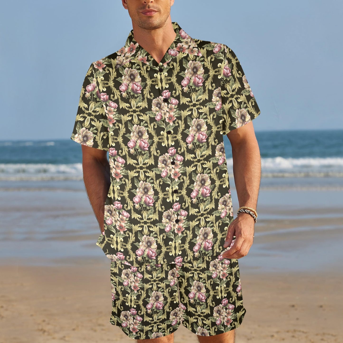 Baroque Pattern Print Design 02 Men's Beach Shirt and Shorts Set