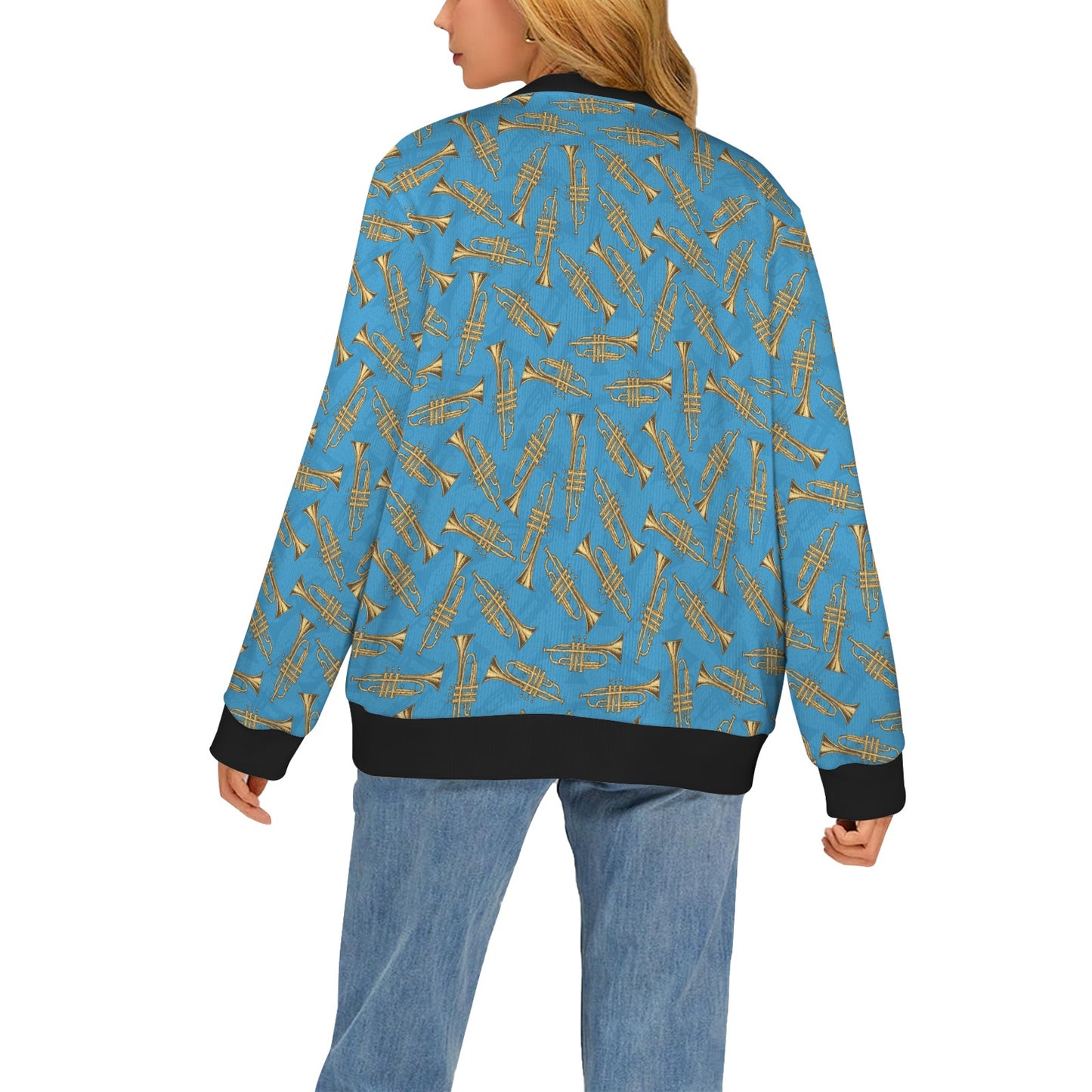 Trumpet Golden Pattern Themed Print Women's Cardigan