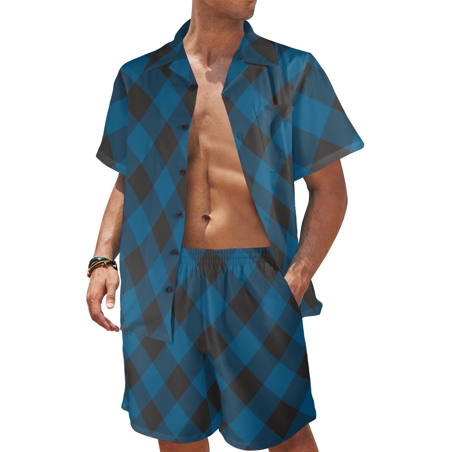Plaid Blue Pattern Print Design A04 Men's Beach Shirt and Shorts Set