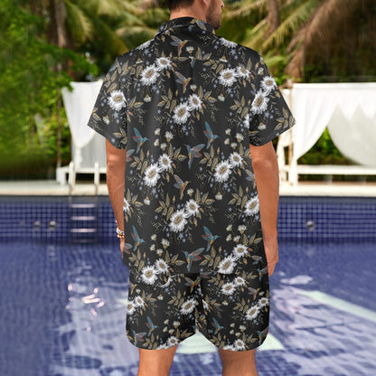 Hummingbird with Embroidery Themed Print Men's Beach Shirt and Shorts Set