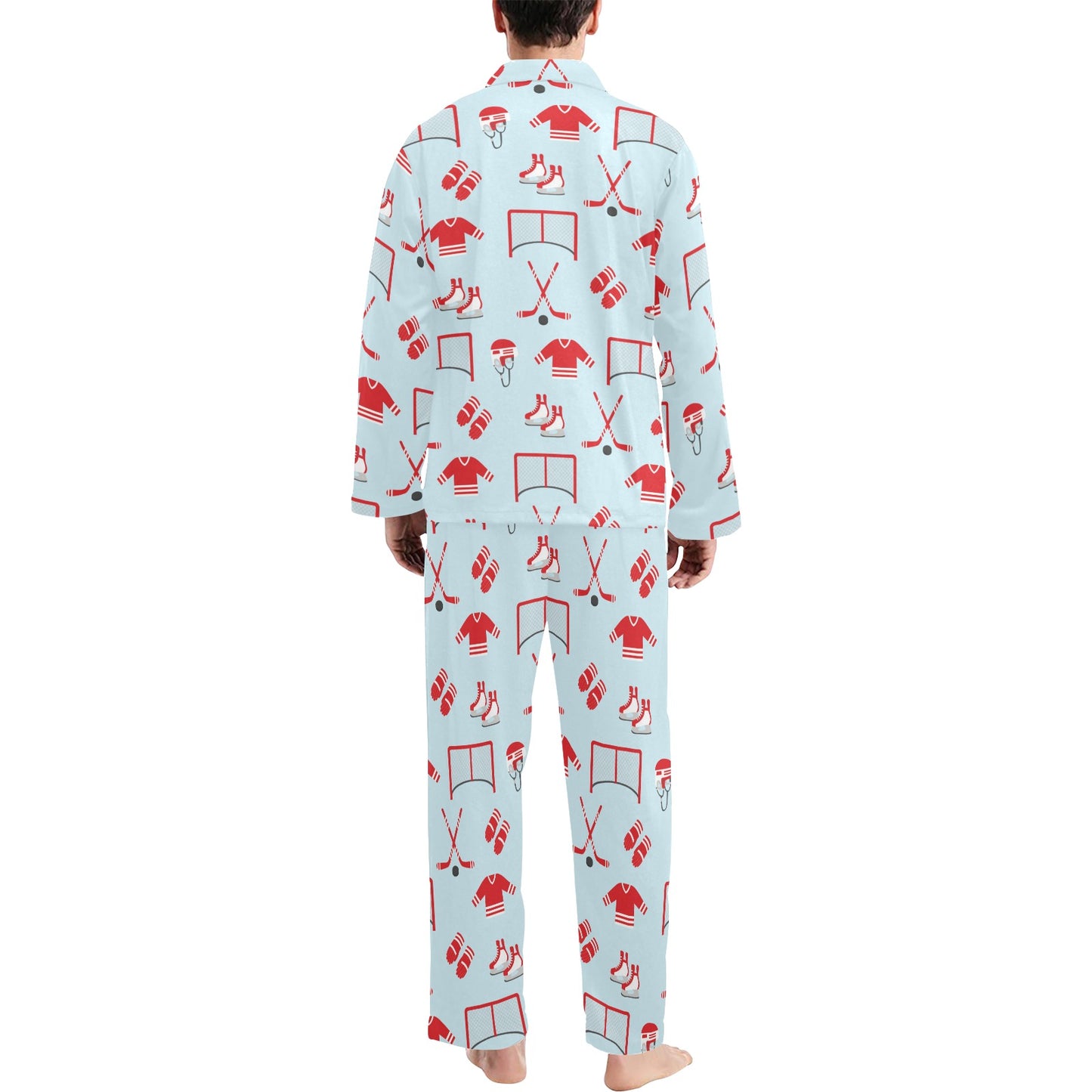 Hockey Red Equipment Print Design LKS305 Men's Long Pajama Set