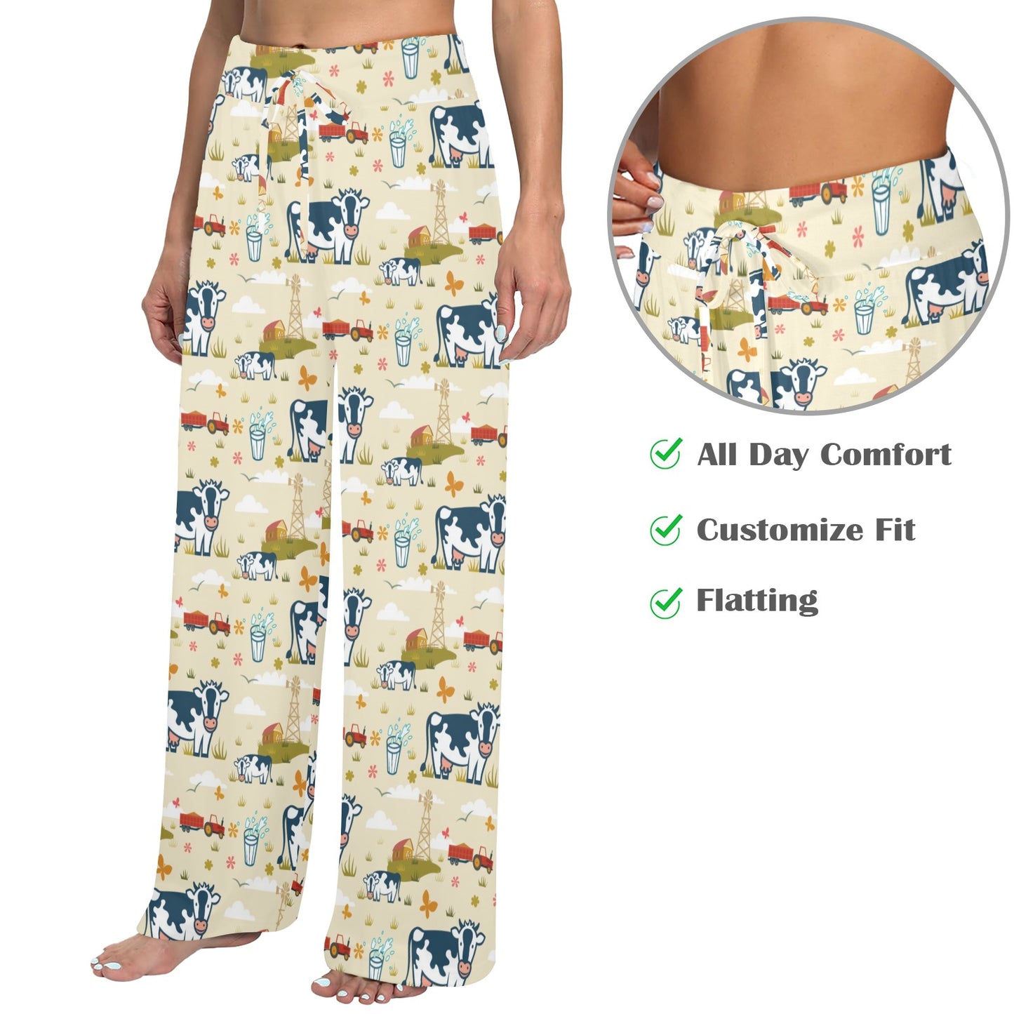Cow Farm Design Print Women's Wide Leg Lounge Pants