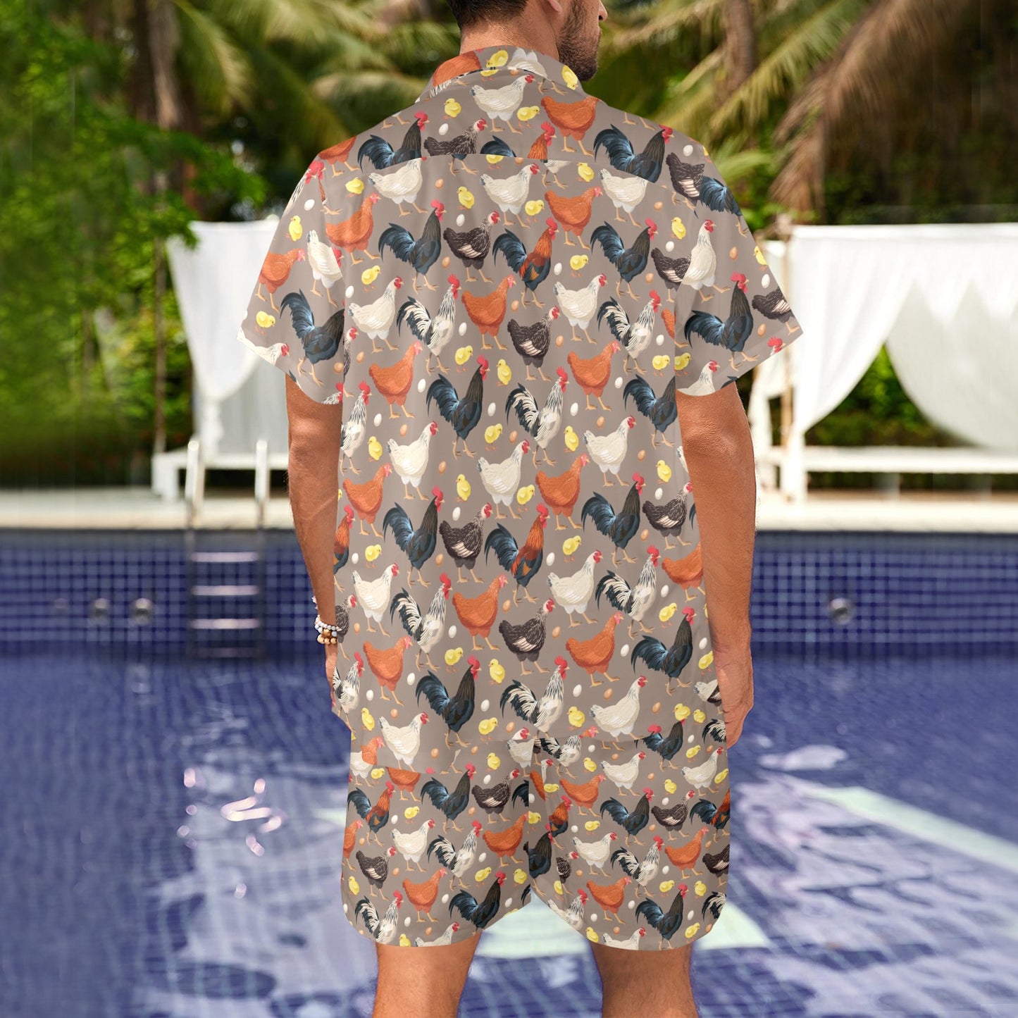 Chicken Evolution Pattern Men's Beach Shirt and Shorts Set