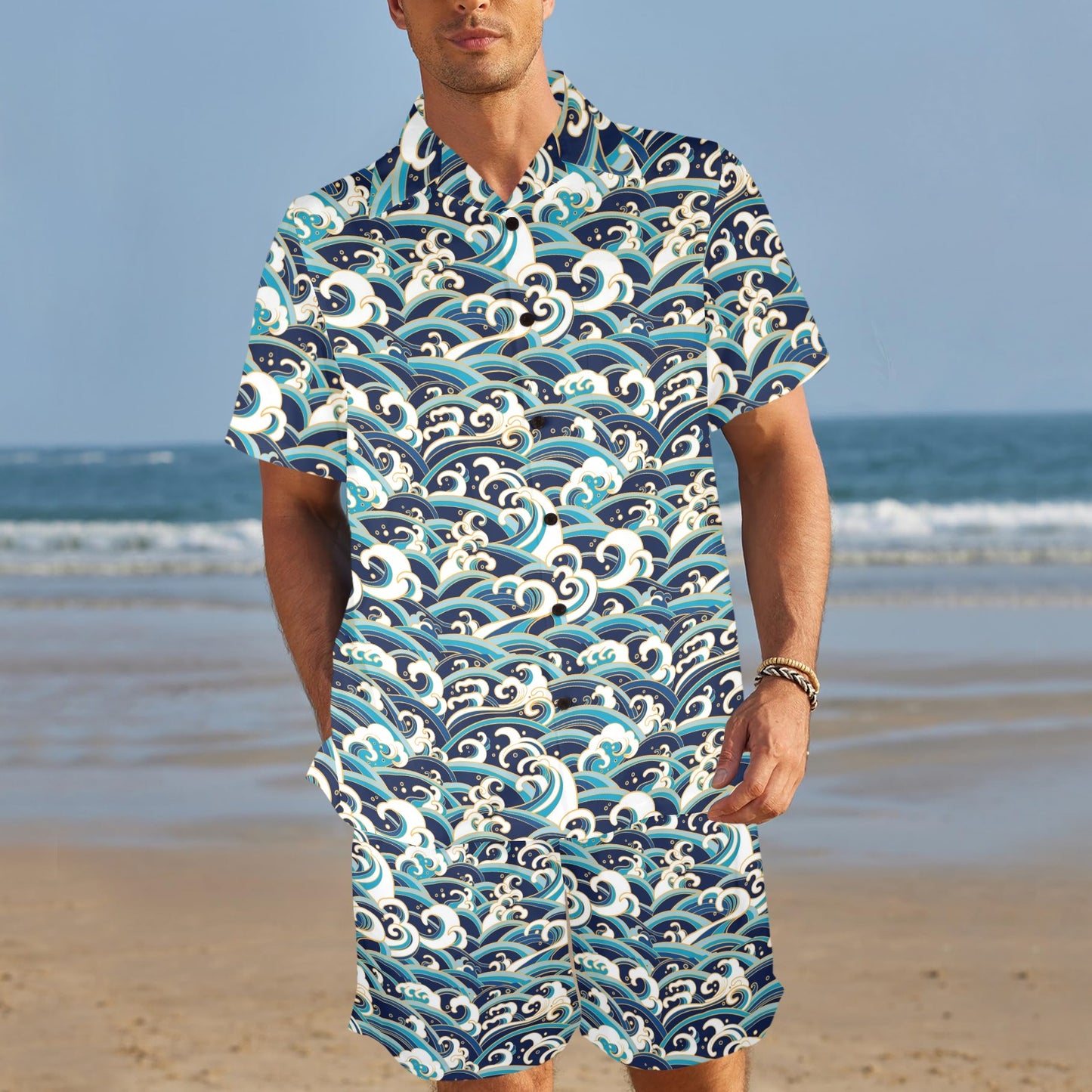 Surf Wave Pattern Men's Beach Shirt and Shorts Set
