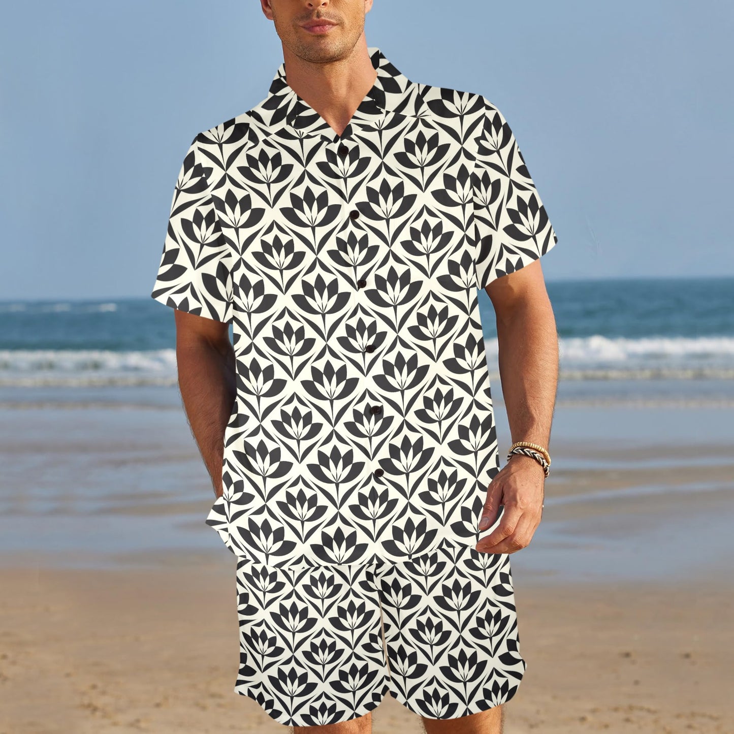 Lotus Pattern Print Men's Beach Shirt and Shorts Set
