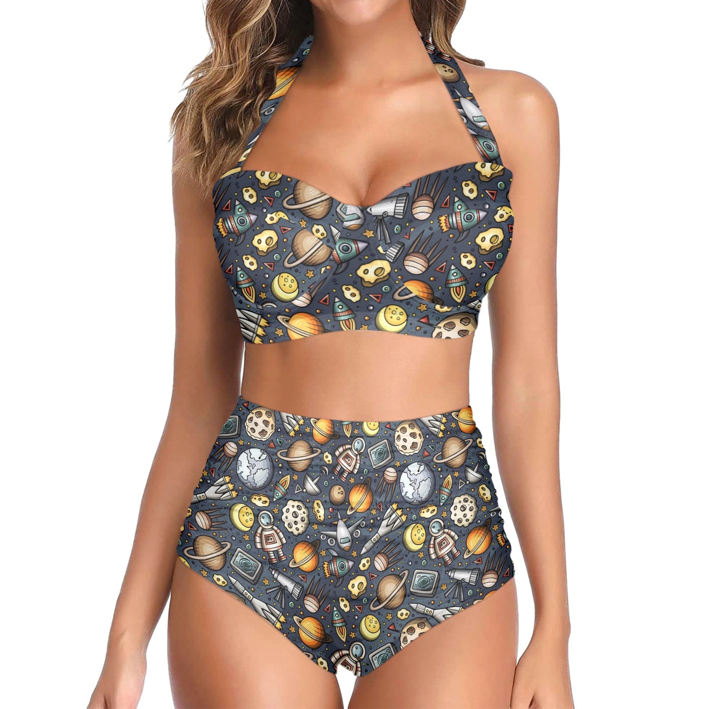 Space Pattern Print Halter Neck Bikini Swimsuit