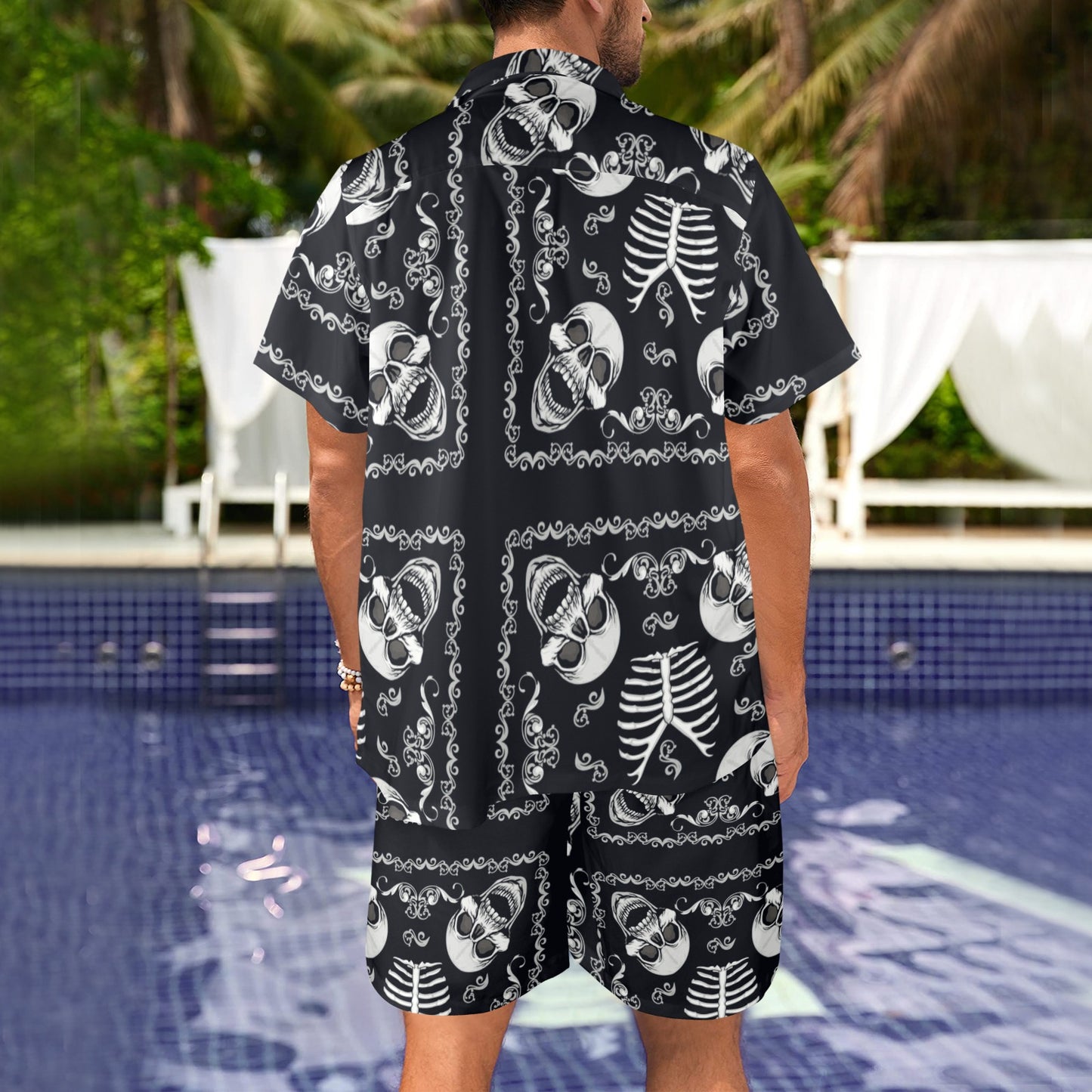 Bandana Skull Black White Print Design LKS306 Men's Beach Shirt and Shorts Set