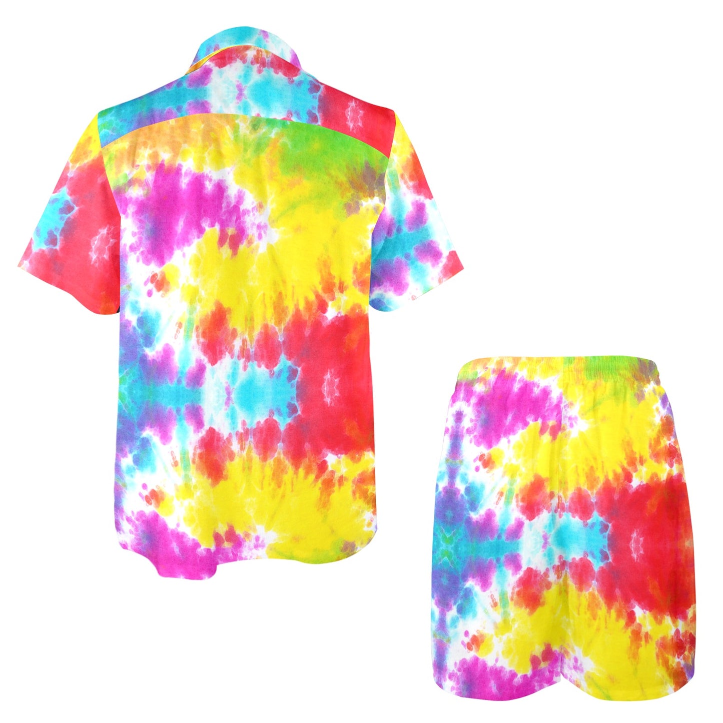 Tie Dye Rainbow Themed Print Men's Beach Shirt and Shorts Set