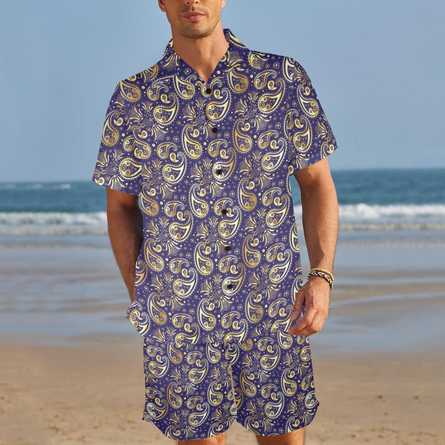 Paisley Blue Yellow Design Print Men's Beach Shirt and Shorts Set