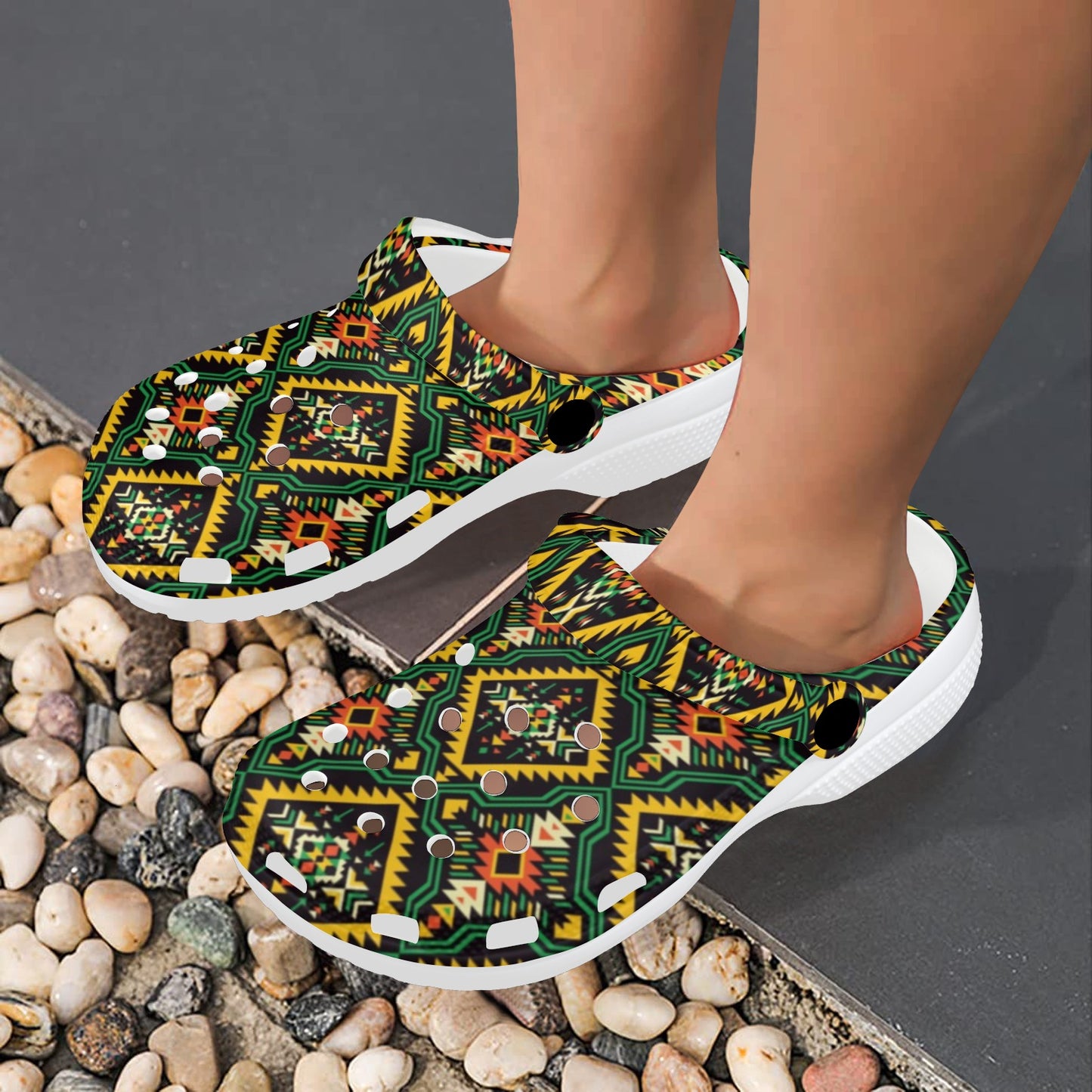 Kente Green Design African Print Unisex Clogs Shoes