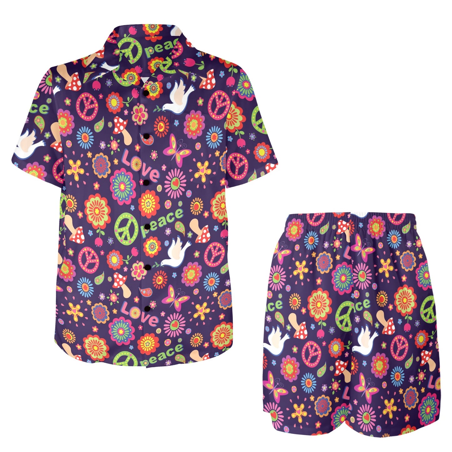 Flower Power Peace Design Print Men's Beach Shirt and Shorts Set