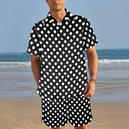 Polka Dot Black White Pattern Print Design 03 Men's Beach Shirt and Shorts Set