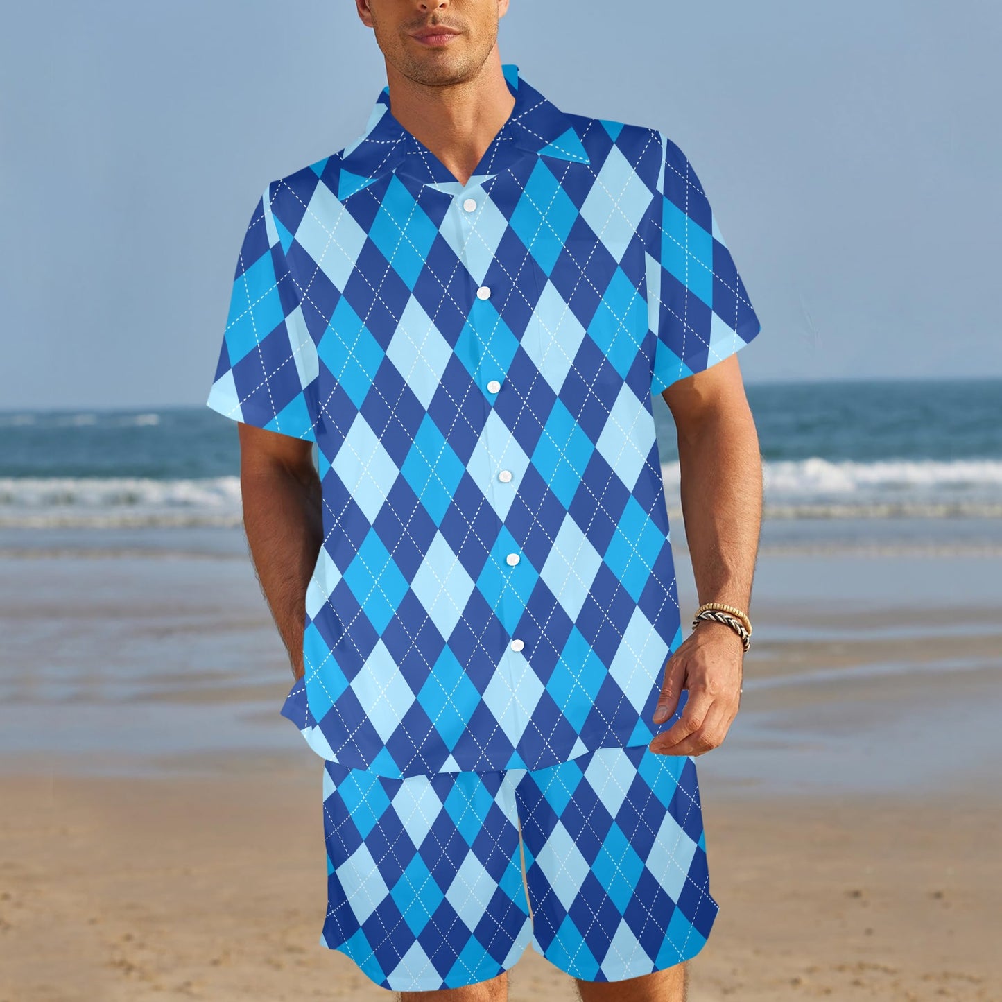 Argyle Blue Pattern Print Design 02 Men's Beach Shirt and Shorts Set
