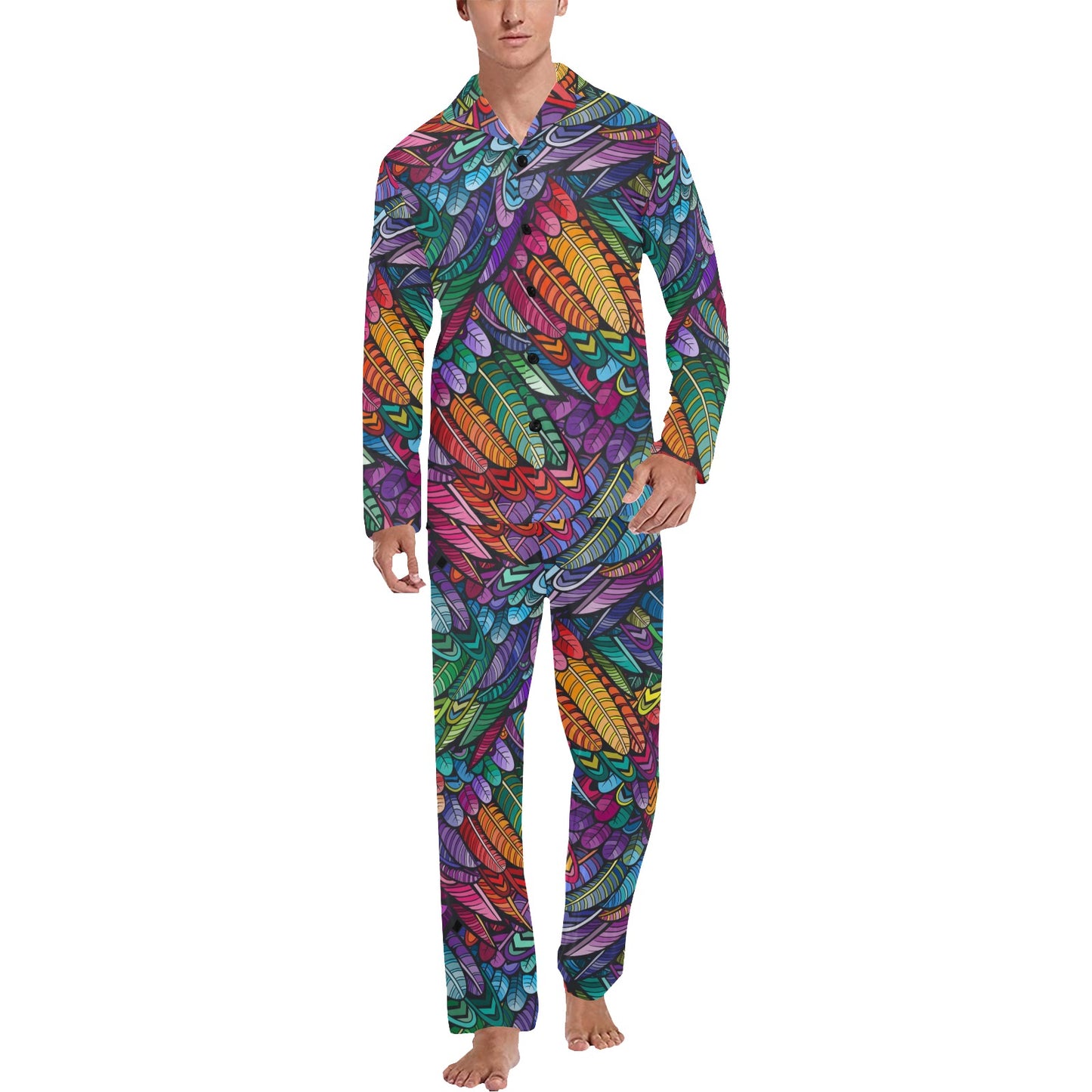 Feather Multicolor Design Print Men's Long Pajama Set
