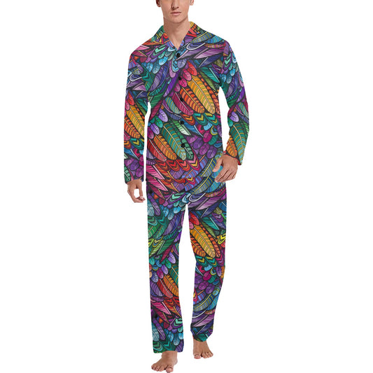 Feather Multicolor Design Print Men's Long Pajama Set