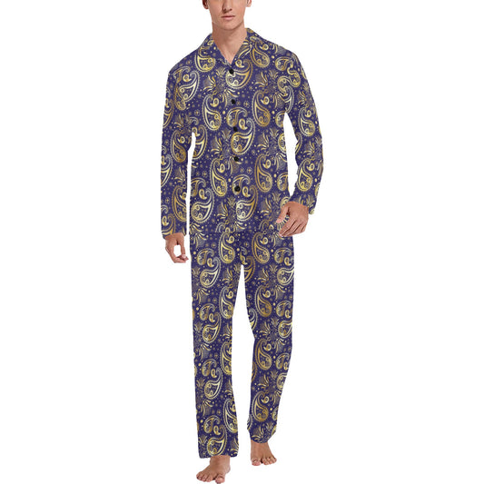 Paisley Blue Yellow Design Print Men's Long Pajama Set
