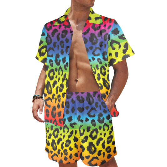 Rainbow Leopard Pattern Print Design A01 Men's Beach Shirt and Shorts Set