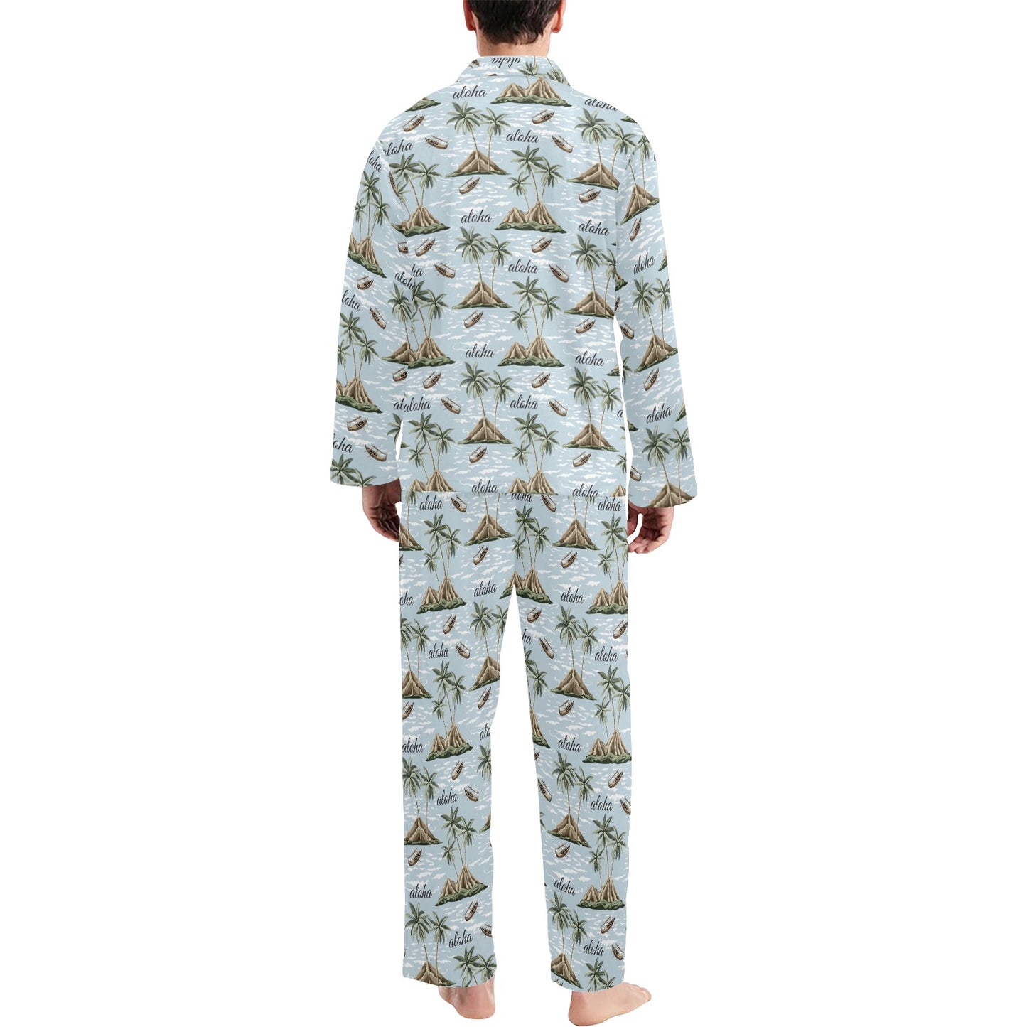 Aloha Hawaii island Design Themed Print Men's Long Pajama Set