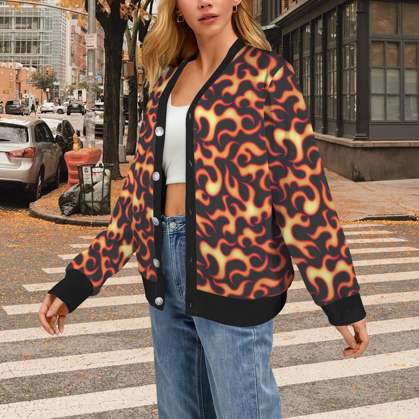Flame Fire Themed Print Women's Cardigan