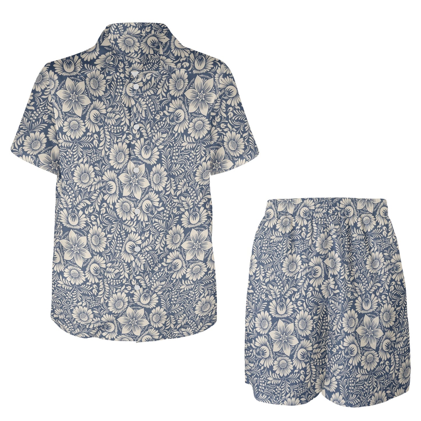 Elegant Floral Print Pattern Men's Beach Shirt and Shorts Set