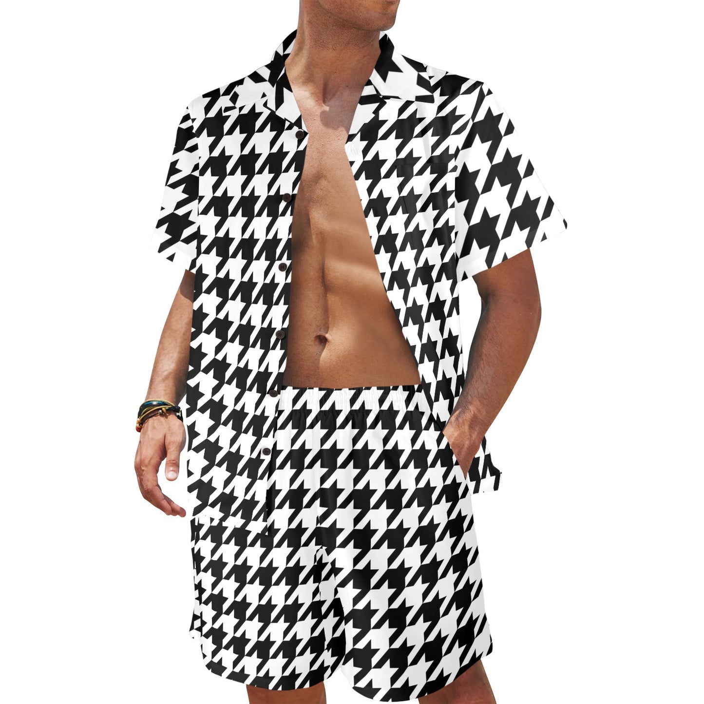 Houndstooth Black White Pattern Print Design 05 Men's Beach Shirt and Shorts Set