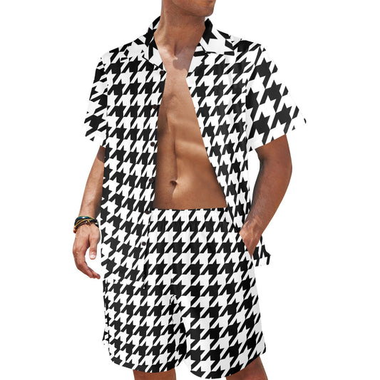 Houndstooth Black White Pattern Print Design 05 Men's Beach Shirt and Shorts Set